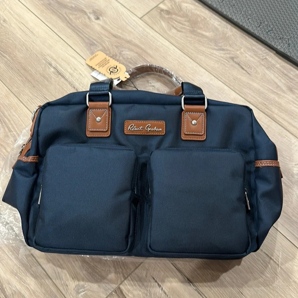 NWT Robert Graham navy blue duffel travel bag with brown leather trim